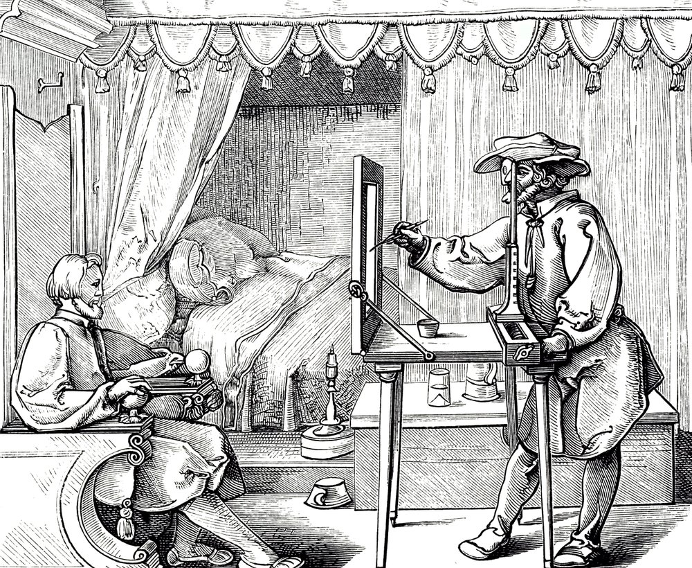 Gravure sur bois représentant un artiste utilisant une aide au dessin pour obtenir les proportions correctes d