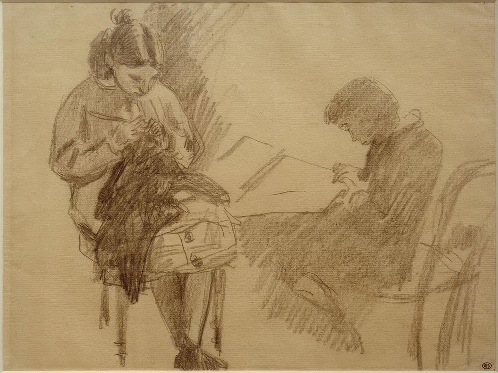 Jeune fille assise, tricotant, et un jeune garçon, assis tenant une feuille - Alfred Sisley