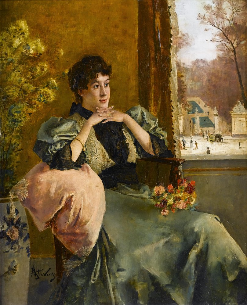 Femme pensive près d'une fenêtre Alfred Emile Stevens