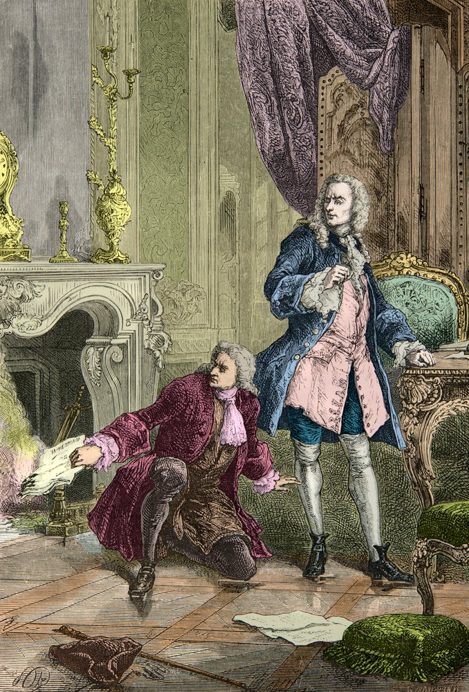 Charles Jean Francois Henault sauve le manuscrit de La Henriade que Voltaire avait jeté au feu (Gravure) - Alphonse Marie de Neuville