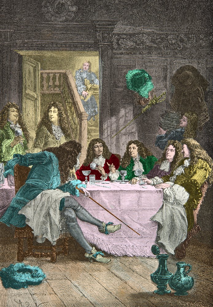 Jean de La Fontaine, Nicolas Boileau Despreaux, Molière et Racine dînant dans un cabaret (Gravure) - Alphonse Marie de Neuville