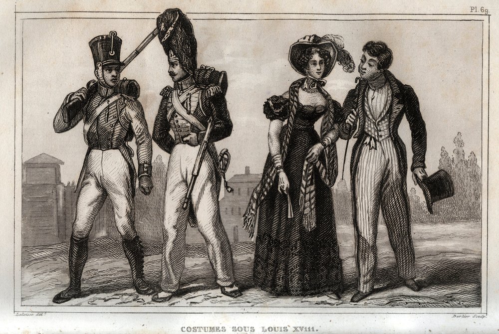 Costumes sous Louis XVIII. Gravure de 1859 dans "Le Monde. Histoire de tous les peuples depuis les temps les plus reculés jusqu