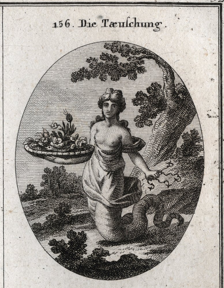 Allégorie de la tromperie. Parmi les fleurs du panier se trouve un serpent. Elle dissimule derrière elle plusieurs hameçons. Ses jambes se terminent par une queue de serpent pour montrer qu