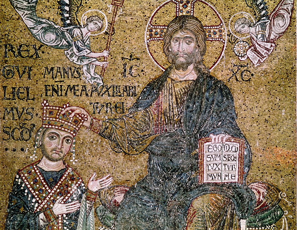 Guillaume II (1154-89), roi de Sicile, reçoit une couronne du Christ - Byzantine School