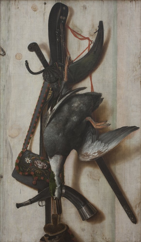 Trompe l'œil avec canard mort et équipements de chasse