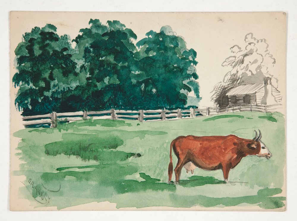 Scène de pâturage avec vache au premier plan - Edwin Austin Abbey
