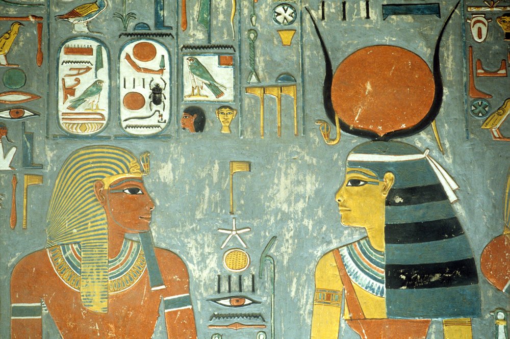 Horemheb et Hathor, de la tombe de Horemheb (c.1323-1295 av. J.-C.) Nouvel Empire (détail) - Egyptian 18th Dynasty