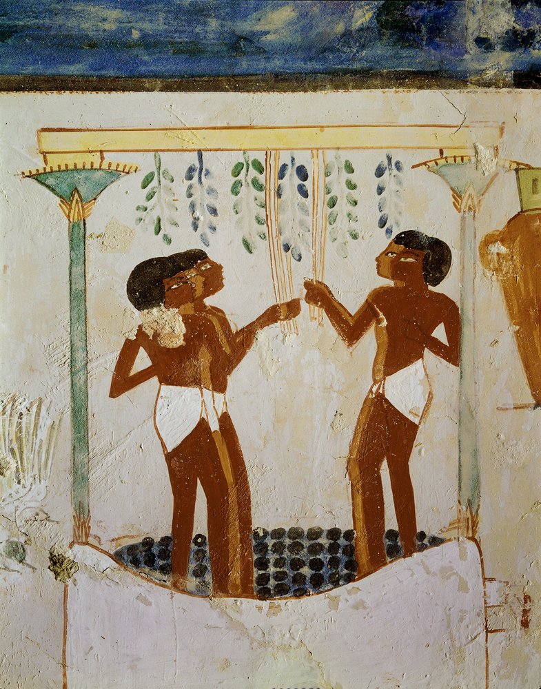 Des hommes piétinent les raisins, un autre soutire le moût - Egyptian 18th Dynasty