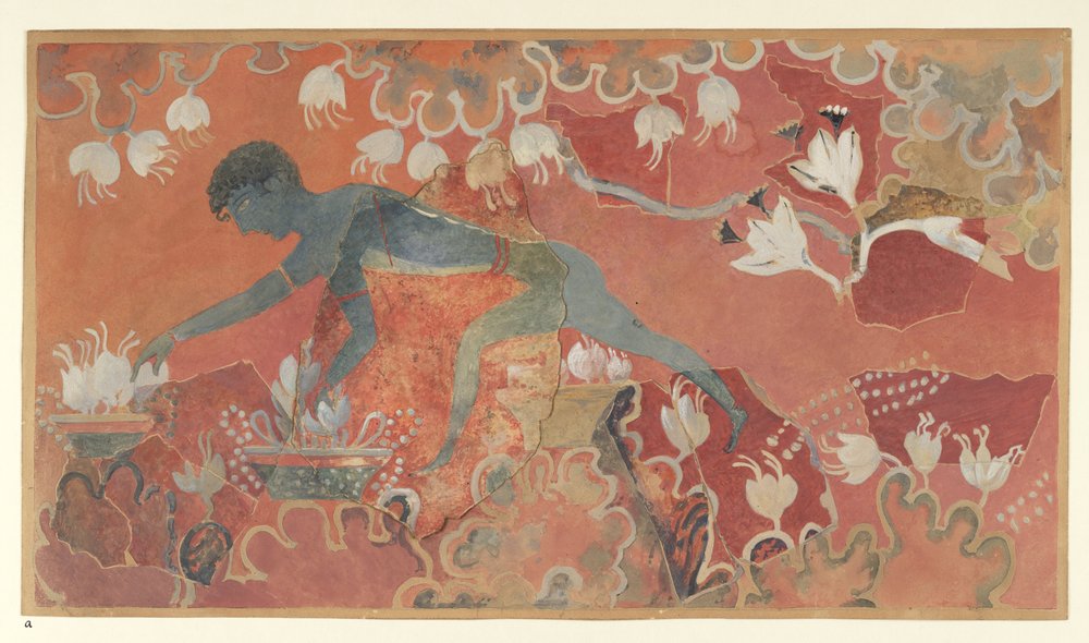 Peinture de la fresque du Singe Bleu Cueilleur de Safran du Palais de Minos à Knossos (Dessin de fresque d