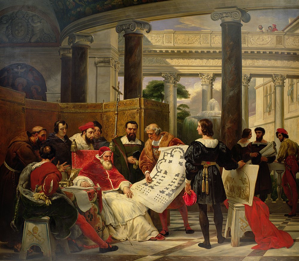 Le pape Jules II ordonne à Bramante, Michel-Ange et Raphaël de construire le Vatican et Saint-Pierre, 1827 - Emile Jean Horace Vernet