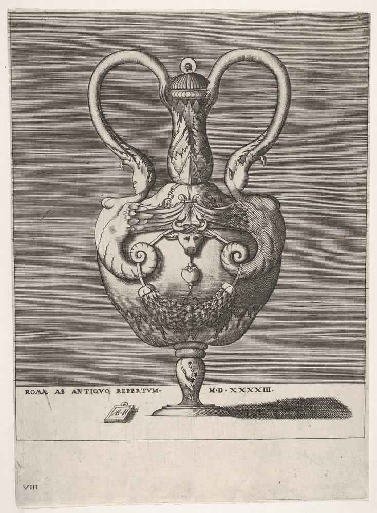 Vase antique avec couvercle et deux poignées émergeant des têtes de sphinx hybrides..., 1543 ou après - Enea Vico