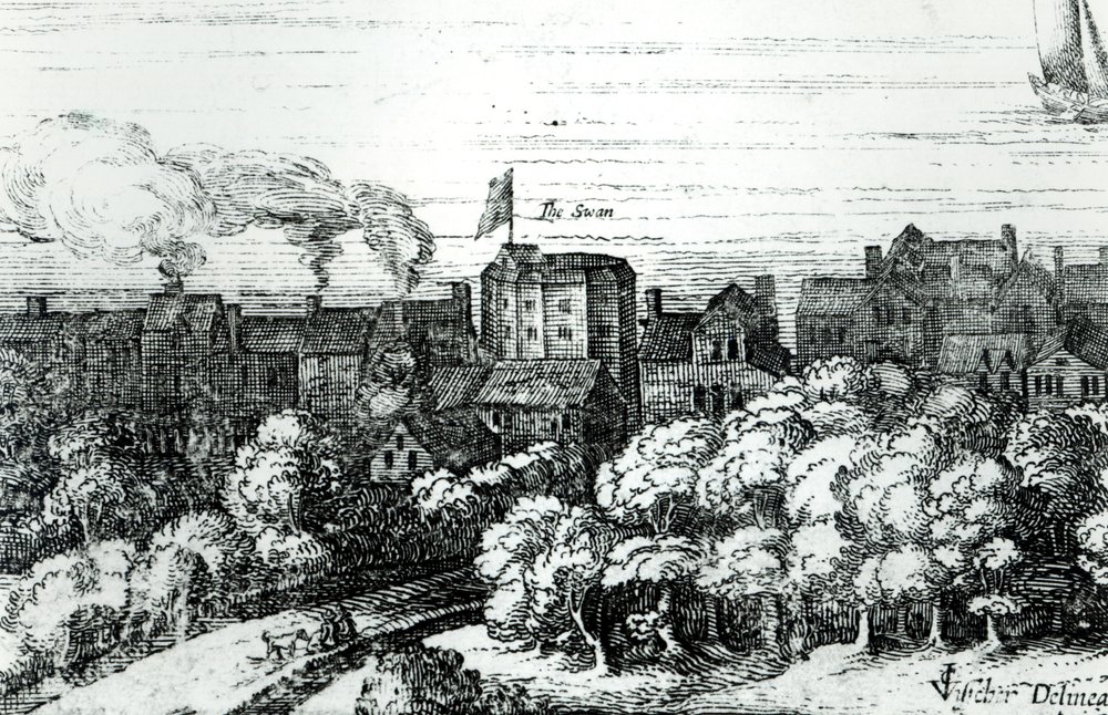 Le Théâtre du Cygne sur la rive comme il apparaissait en 1614 - English School
