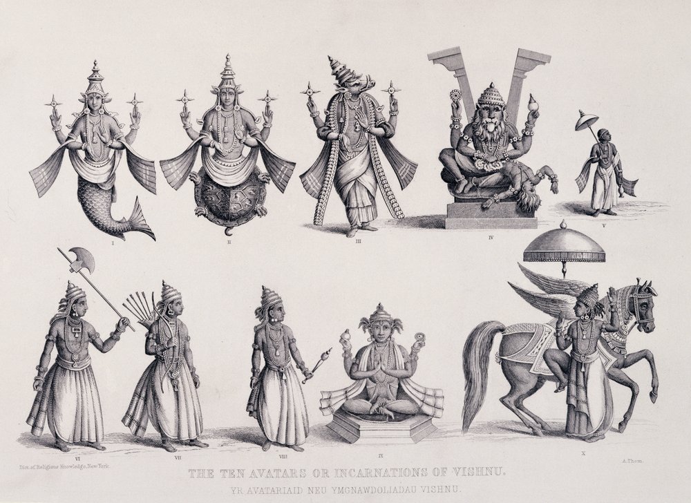 Les dix avatars ou incarnations de Vishnou, gravé par A. Thorn, tiré de « Religion mondiale », publié par A. Fullarton et Co. - English School