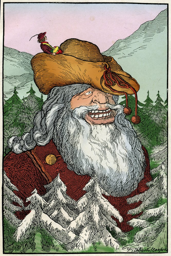 Illustration de Filiberto Scarpelli (1870-1933) pour la fable "" La montagna di cristallo "" (La montagne de cristal) tirée d