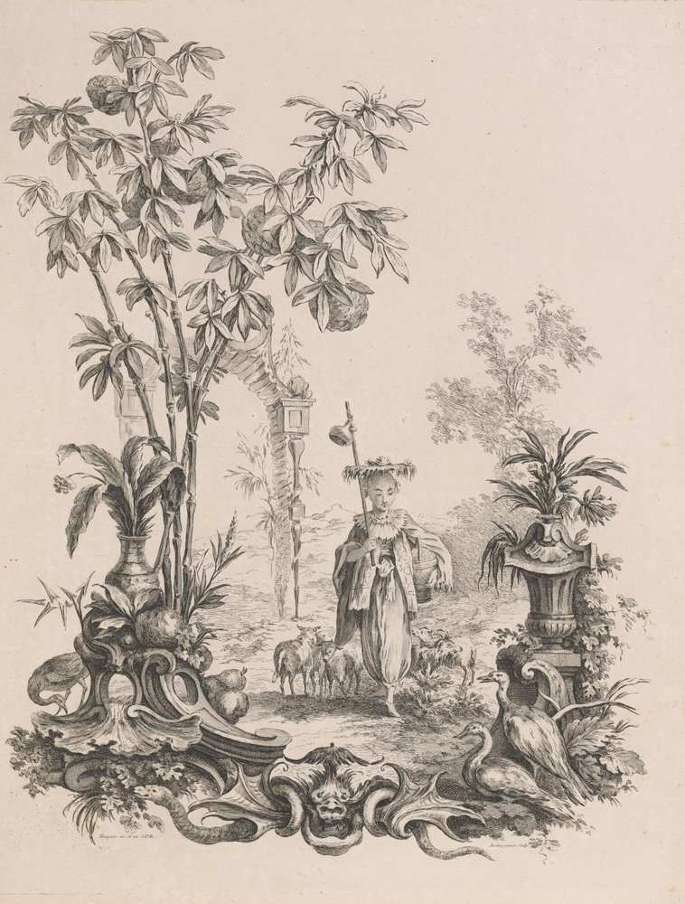 Jeune Chinoise marchant, entourée de ses moutons - Francois-Antoine Aveline