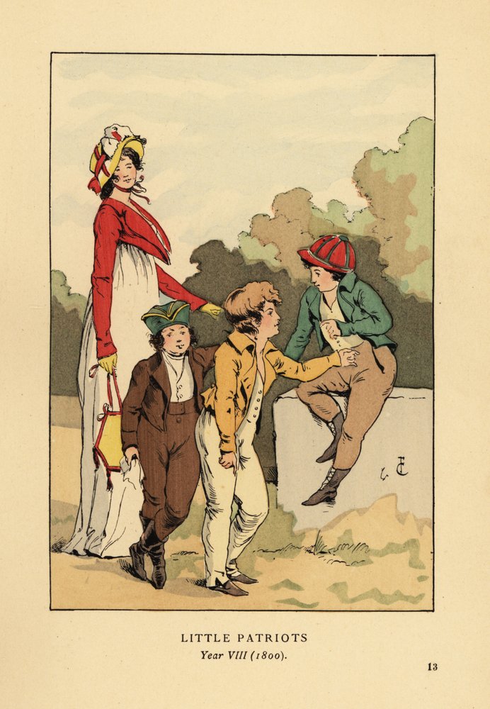 Garçons en vestes et culottes avec Merveilleuse en robe romaine avec bonnet et veste spencer. Petits Patriotes, An VIII - François Courboin