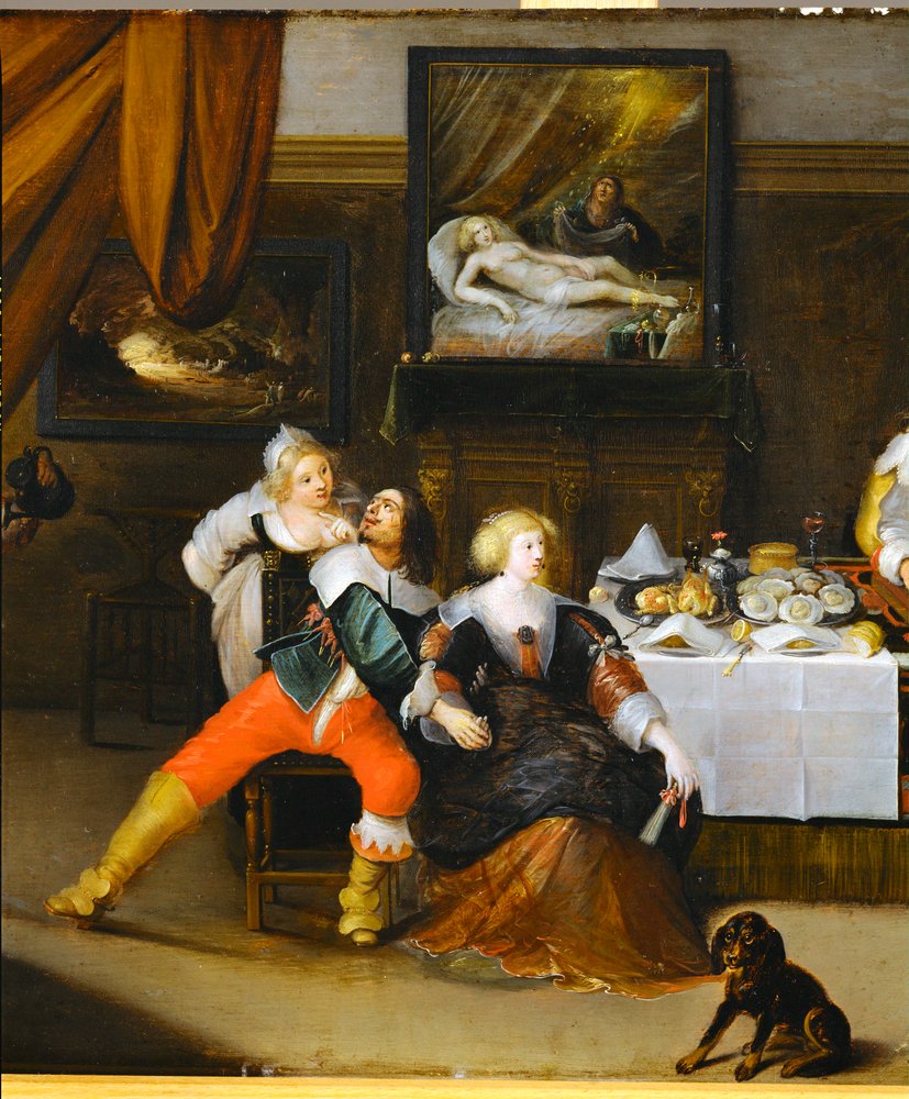 Scène de société, une photo de Danaé sur le mur du fond (peinture sur bois de chêne) - Frans III Francken
