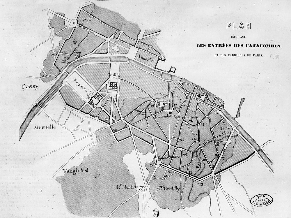 Plan des entrées des catacombes et des carrières de Paris, 1844 - French School
