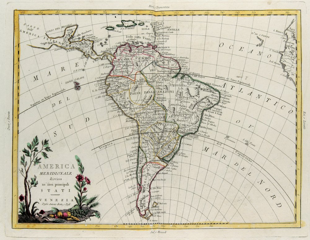 Amérique du Sud divisée en ses principaux États, gravure de G. Zuliani tirée du Tome IV du "Nouvel Atlas" publié à Venise par Antonio Zatta, Collection Privée - G. Zuliani