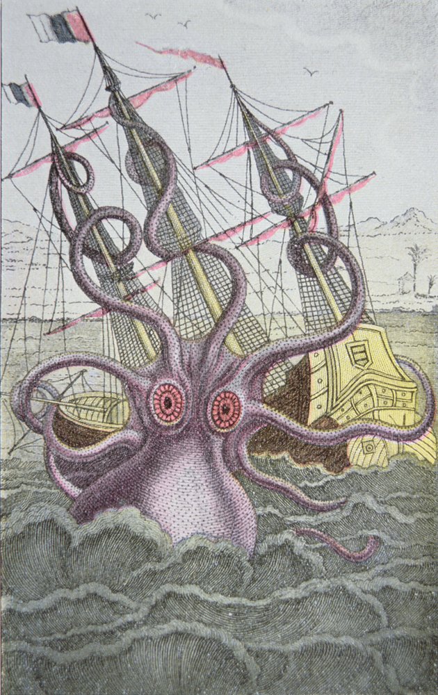 Le Kraken entraîne un navire vers le fond (gravure en couleur) - German School