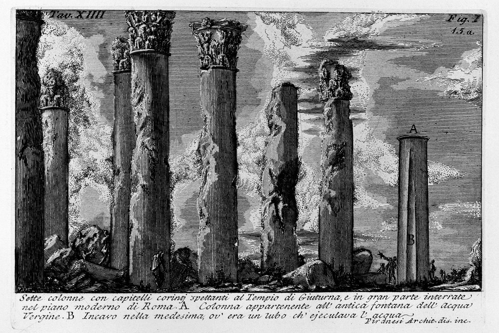 Sept colonnes avec chapiteaux corinthiens appartenant au Temple de Giuturna, en grande partie enterrées dans le plan moderne de Rome - Giovanni-Battista Piranesi
