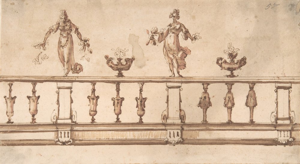Conception pour une balustrade avec figures féminines et urnes, XVIe-XVIIe siècle - Giulio Parigi
