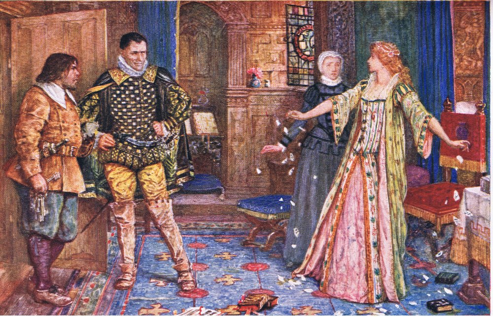 La comtesse de Leicester déchire la lettre de son mari en présence de Varney et Foster, illustration de Kenilworth, c.1910 - Henry Justice Ford
