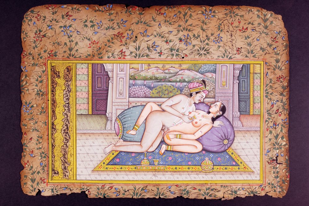 Scène érotique dans un luxueux boudoir, peinture miniature rajasthanie - Indian School
