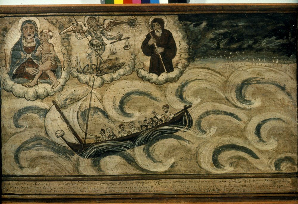 Un bateau de pêche fuyant la tempête. Ex-voto du 17ème siècle de l