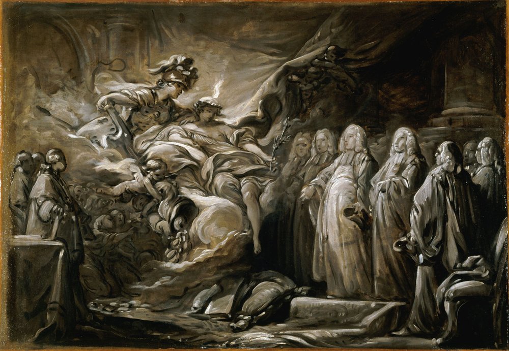 Le Prévôt des Marchands et les Échevins de la Ville de Paris ; allégorie au Traité de Paris (10 février) - Jean-Baptiste Deshays