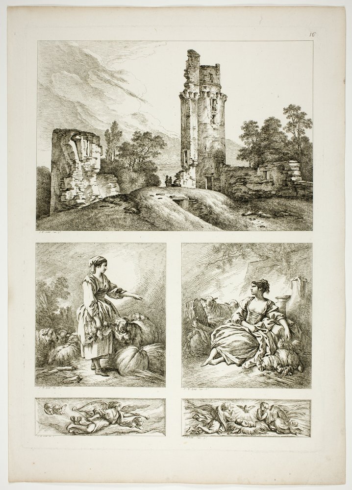 Planche Seize de 38 des Œuvres de J. B. Huet - Jean-Baptiste Huet