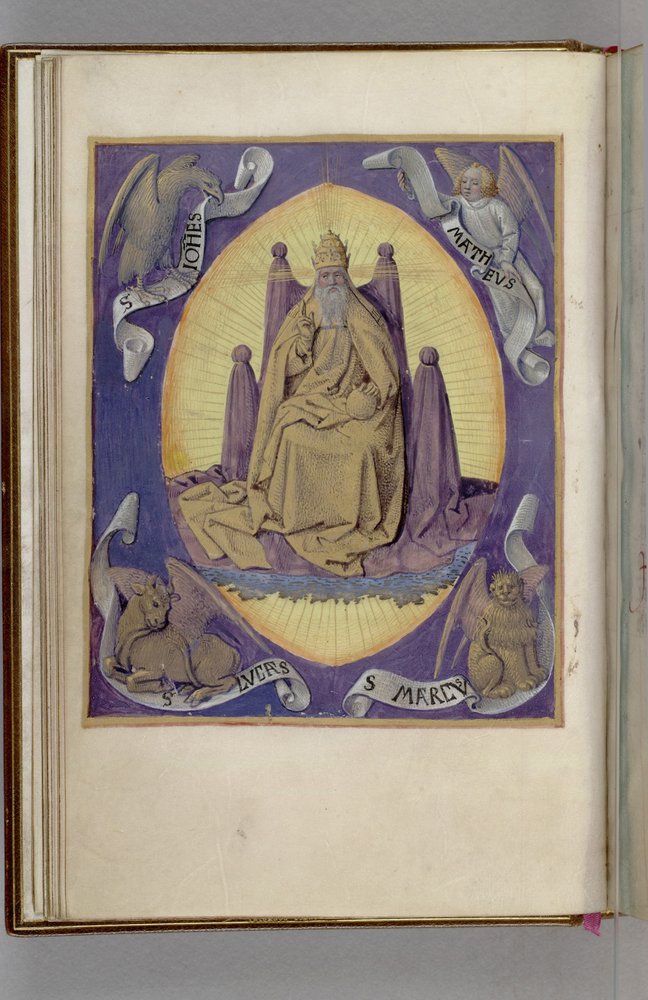 Dieu le Père avec les symboles des quatre évangélistes dans les coins. Livre d