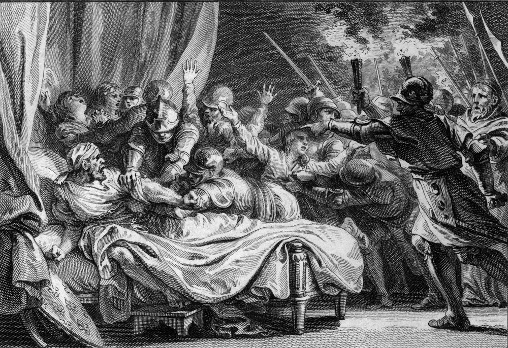 Fin de la dynastie carolingienne, 988 : arrestation de Charles (953-991), duc de Lorraine inférieure, par Hugues Capet (941-996) et son armée. Gravure de Jean Michel Moreau, dit Moreau le Jeune (1741-1814) - Jean Michel the Younger Moreau