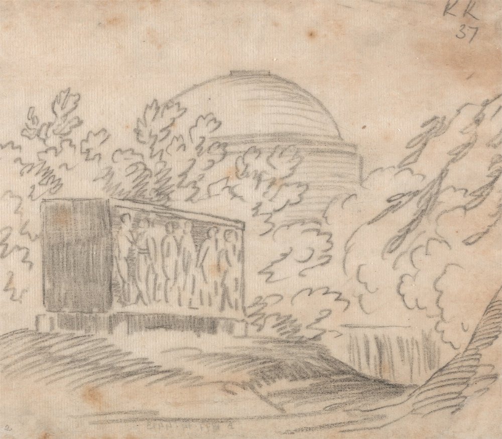 Un sarcophage derrière un bâtiment à dôme - John Robert Cozens