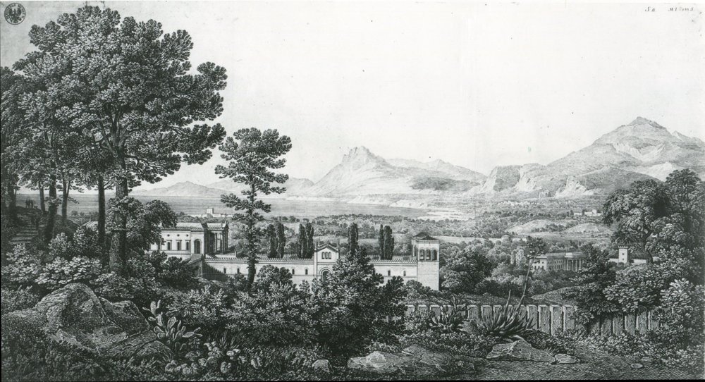 « Vue depuis le palais du prince Valguarnera sur une partie de Bagheria près de Palerme et le golfe de Cefalù » - Karl Friedrich Schinkel