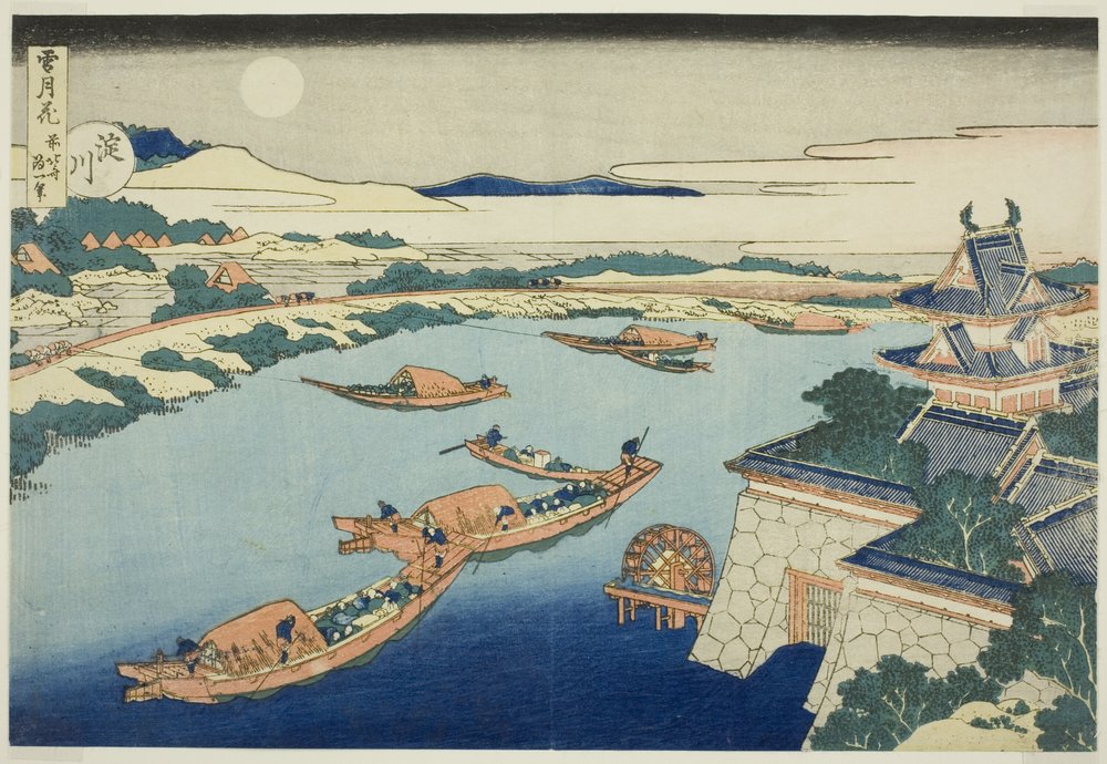 Clair de lune sur la rivière Yodo (Yodogawa), de la série "Neige, lune et fleurs (Setsugekka)" - Katsushika Hokusai