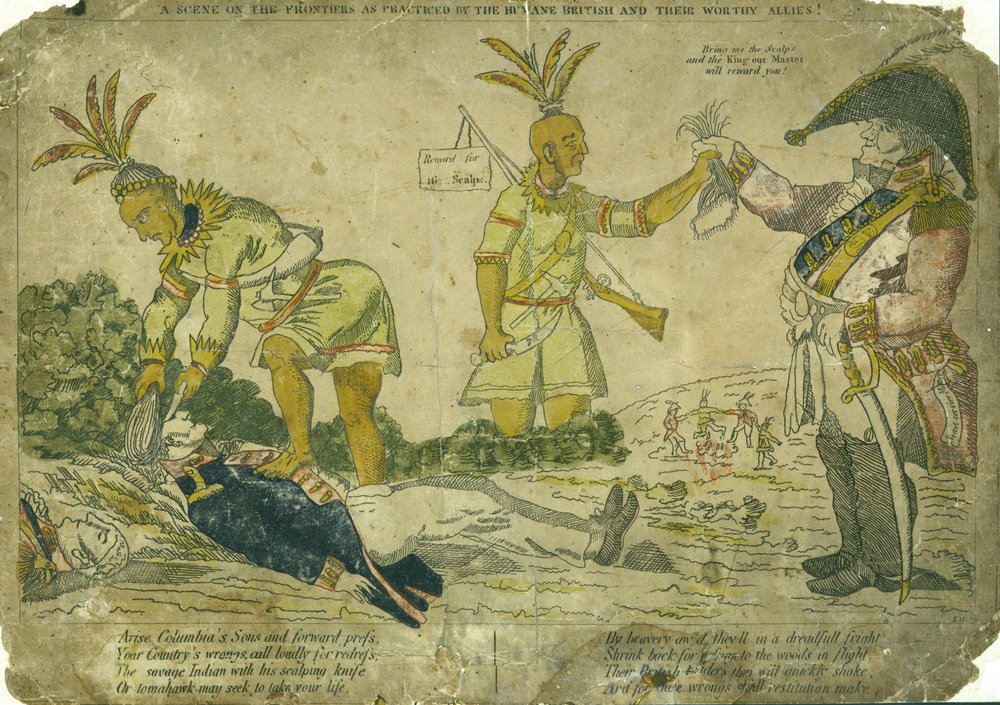 Gravure horizontale colorée à la main montrant un officier britannique payant des Indiens d