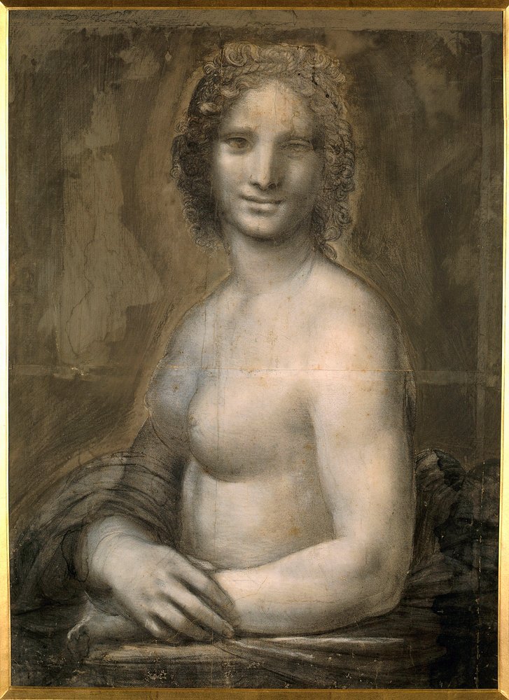 Étude de nu féminin, probablement le buste dénudé de la Mona Lisa, attribué à la Mona Lisa. Dessin sur papier brun à la pierre noire de l