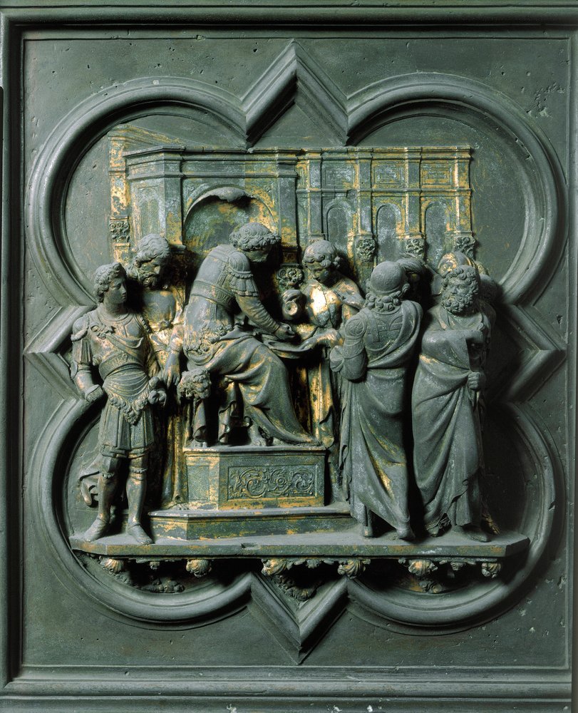 Porte Nord (appelée Porte de la Croix, au Nord), détail extérieur : « Le Christ face à Ponce Pilate » Sculpture en bronze réalisée par Lorenzo Ghiberti (1378-1455) - Lorenzo Ghiberti