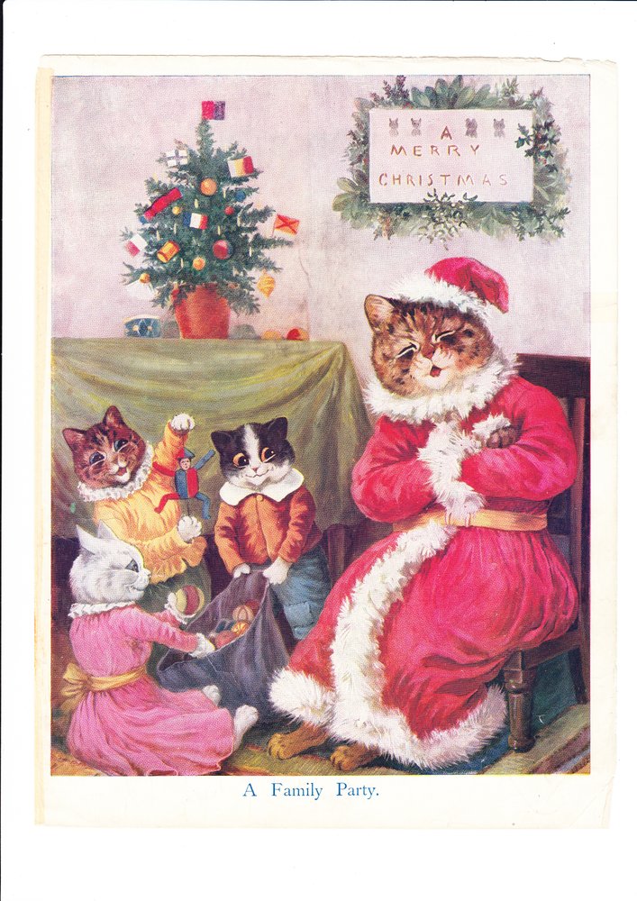 Une estampe de Louis Wain représentant une fête de Noël de chats, avec un chat père anthropomorphisé vêtu en Père Noël, entouré de petits chats et d