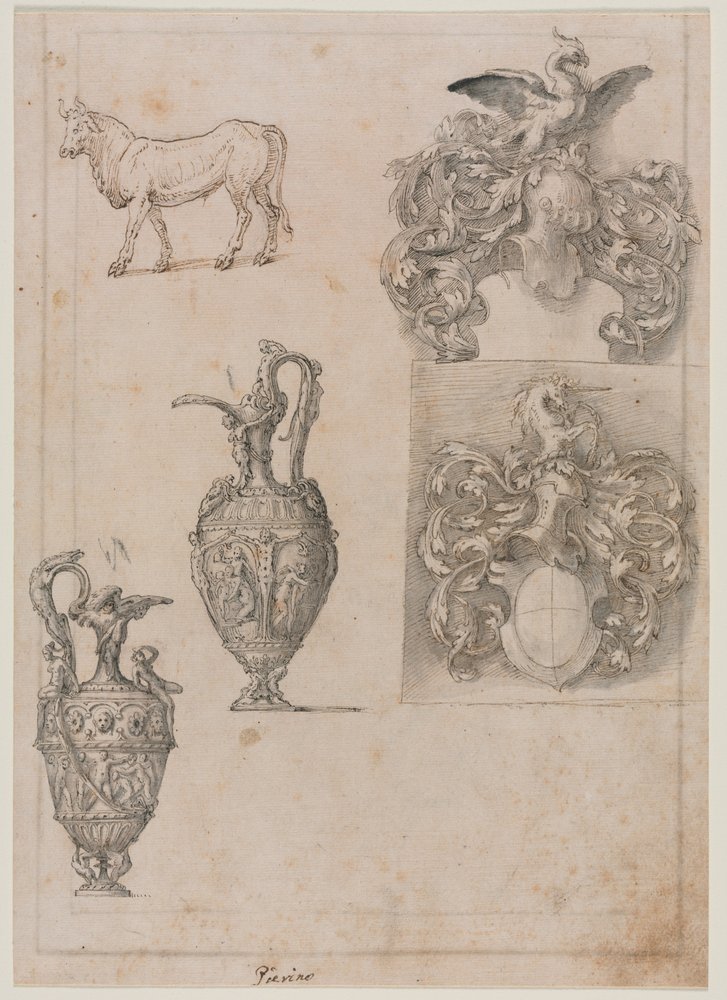 Dessin pour deux vases, deux armoiries et un taureau (recto) - Luzio Romano