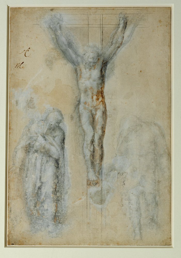 Le Christ en Croix entre la Vierge et Saint Jean, pierre noir avec lavis brun et rehaut de blanc … - Michelangelo Buonarroti