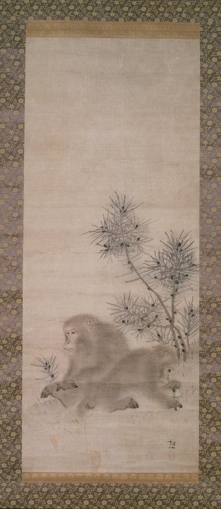 Singe avec des jeunes pousses de pin et un papillon, vers 1800 - Mori Sosen