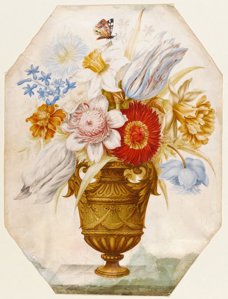 Nature morte de fleurs dans un vase posé sur un rebord, avec un papillon posé sur des narcisses - Nicolas Robert