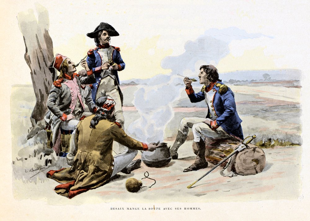 Louis Charles Antoine Desaix de Veygoux (1768-1800) mange la soupe avec ses hommes - Illustration par Emile Boutigny (1853-1929) Dans « Hoche-Marceau-Desaix » par Théodore Cahu (1854-1928) - Collection privée - Paul Émile Boutigny