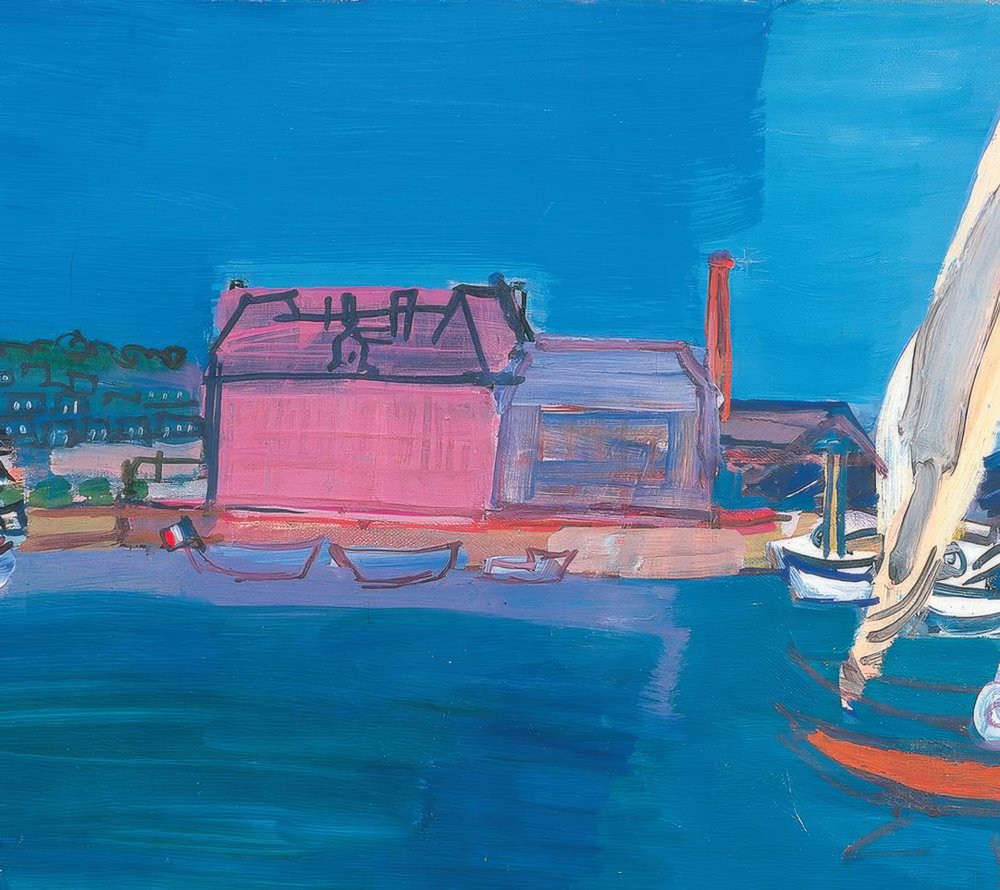 Bateaux mer petits drapeaux maisons petit port quai voiles