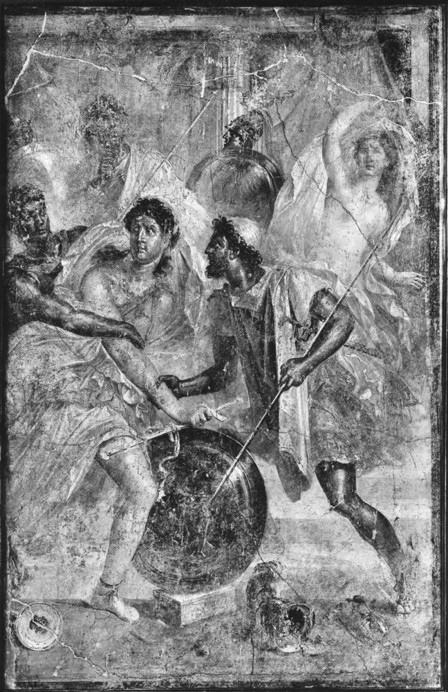 Ulysse et Diomède reconnaissant Achille déguisé en Pyrrha parmi les Filles de Lycomède à Skyros, de Pompéi - Roman