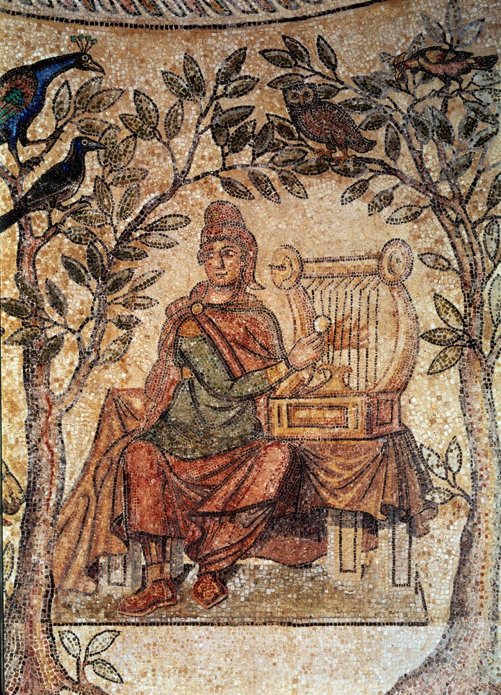 Art romain : Orphée charmant les oiseaux. Mosaïque de Blanzy-les-Fismes - Roman Roman