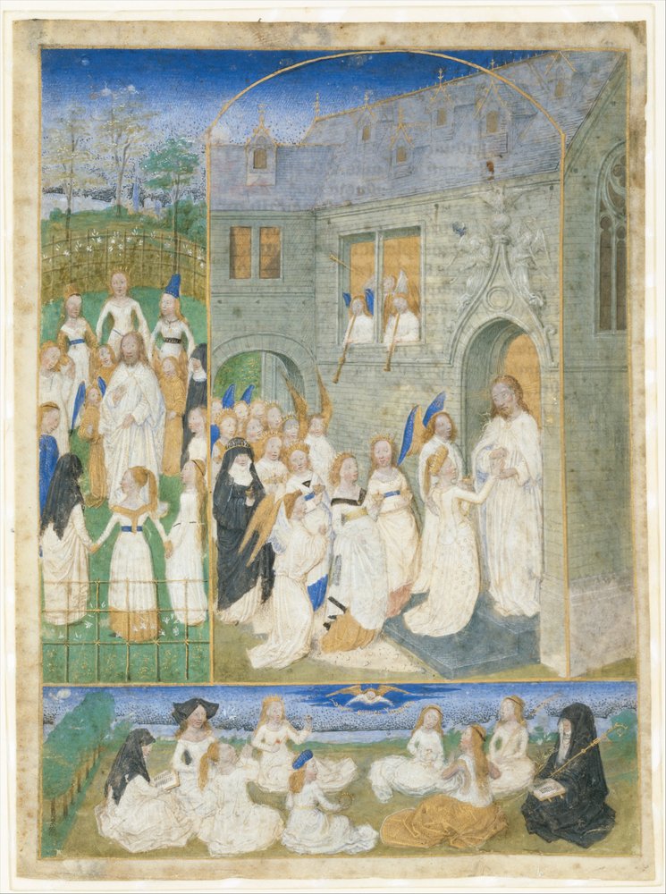 Les saintes vierges accueillies par le Christ alors qu'elles entrent par les portes du Paradis - Simon Marmion