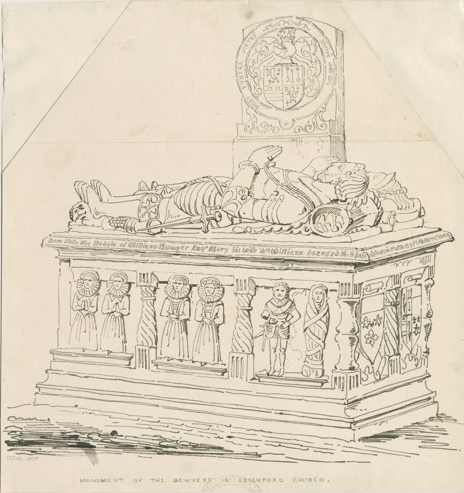 Église de Seighford - Tombe de William et Mercy Bowyer : dessin à la plume et à l